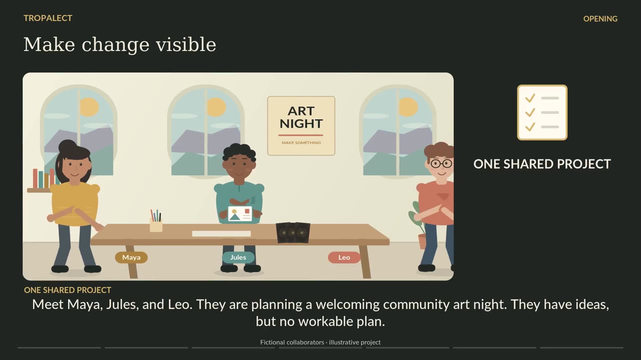 Three animated collaborators planning a community art night